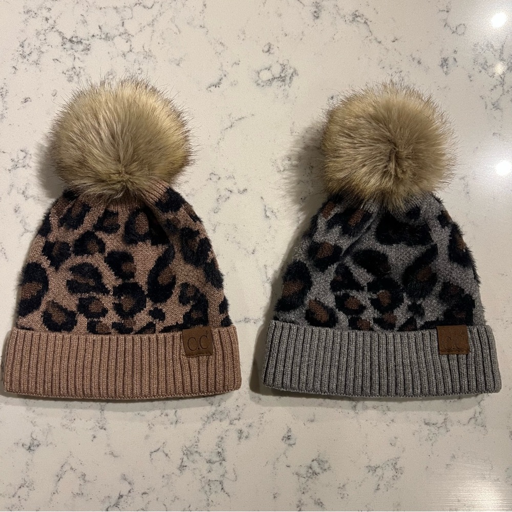2 C.C Women's Faux Fur Leopard Beanie Bundle Gray and Brown